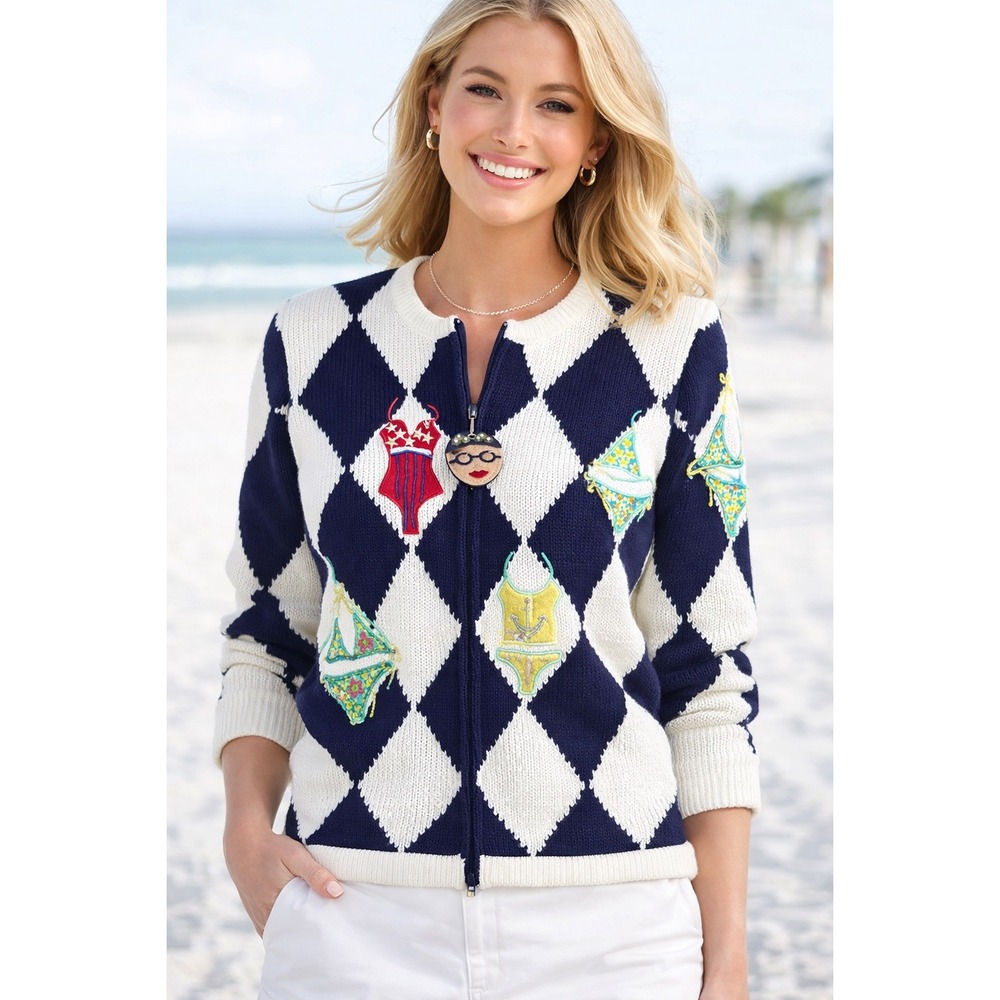 Susan Bristol Womens Argyle Zip Cardigan Sweater Navy Blue Swimsuit Beaded Small